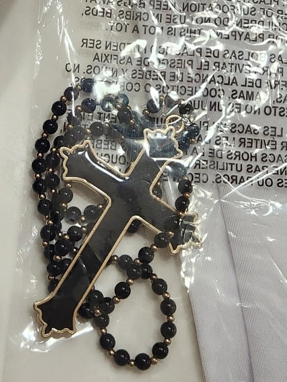 Black Beaded Ball Chain Necklace with Large Cross Pendant – 24